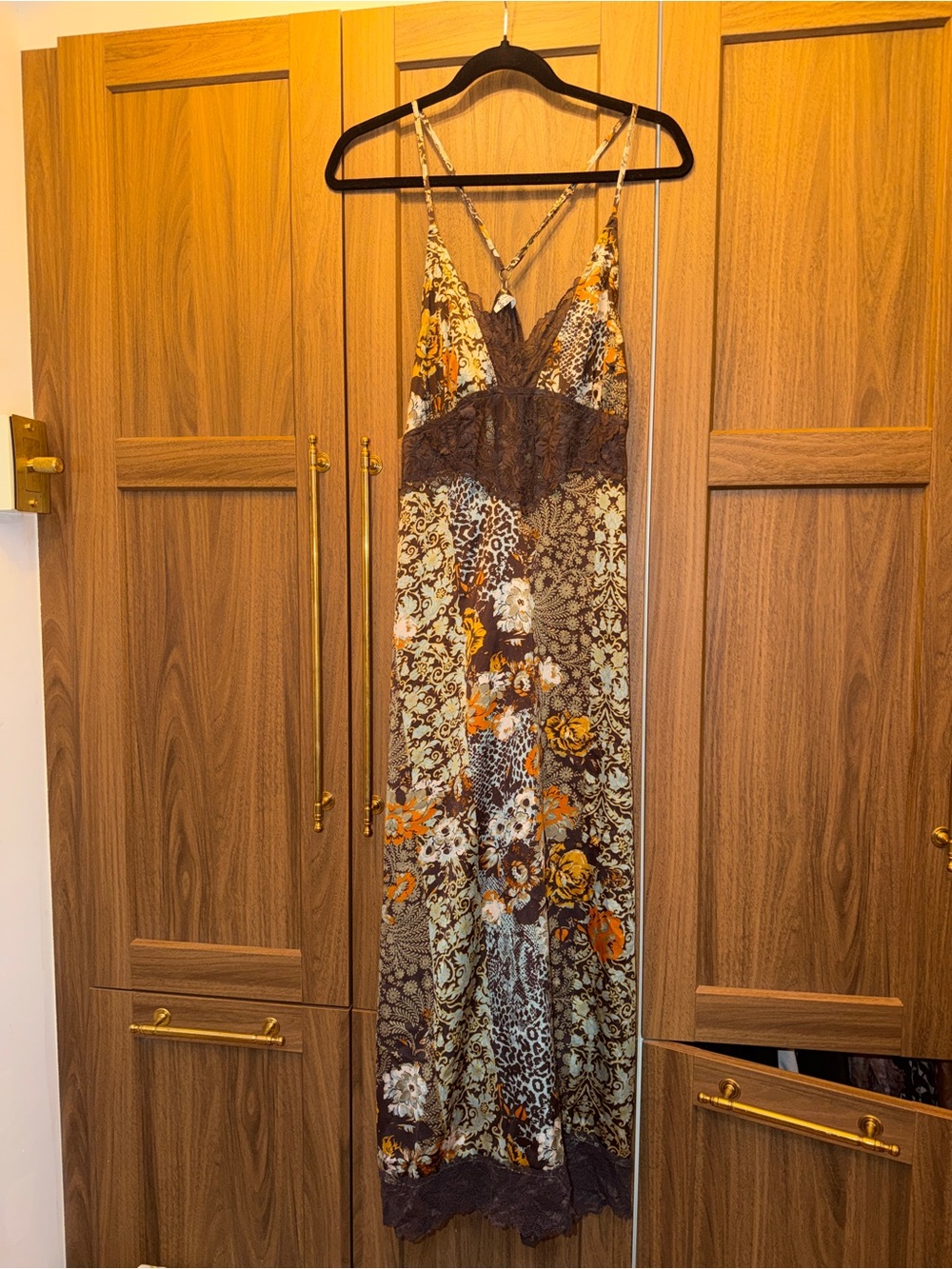 Free People Brown Blue & Orange Floral Lace-Trim Maxi Dress